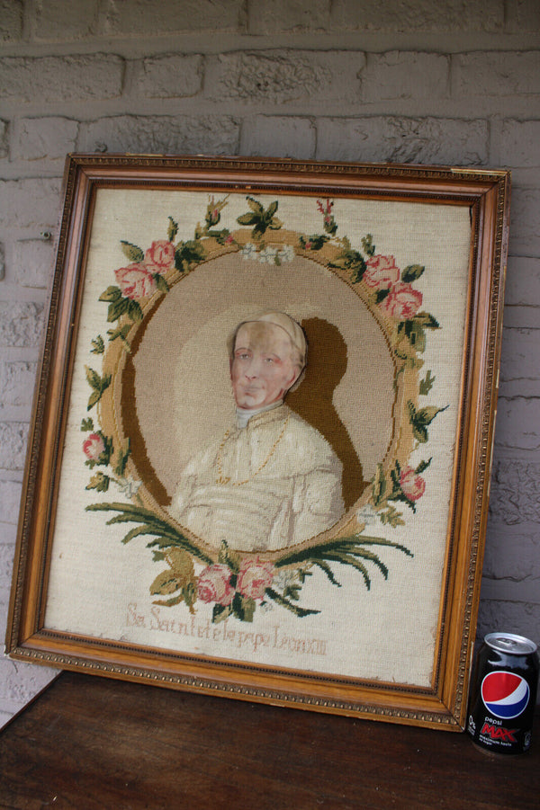 Antique embroidery handwork of pope leo XIII portrait french religious frame