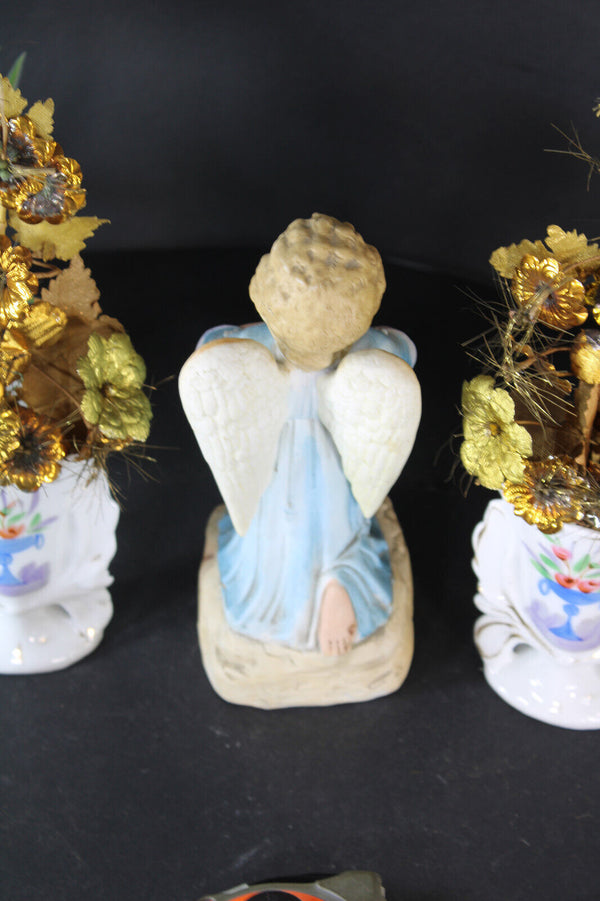Antique vieux paris angel praying figurine vases silk flowers bouquet