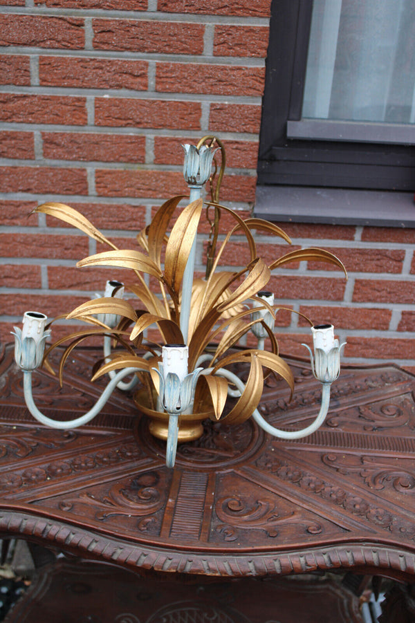 Vintage 1960 metal gold gilt leaf chandelier lamp attr hans kogl