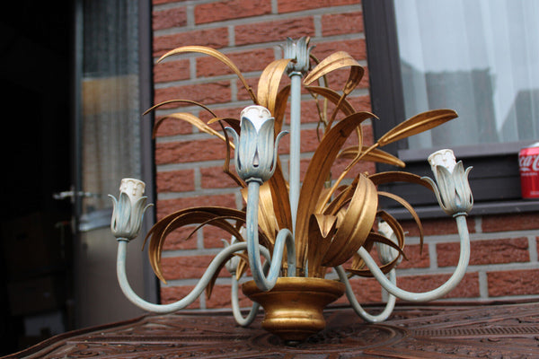 Vintage 1960 metal gold gilt leaf chandelier lamp attr hans kogl