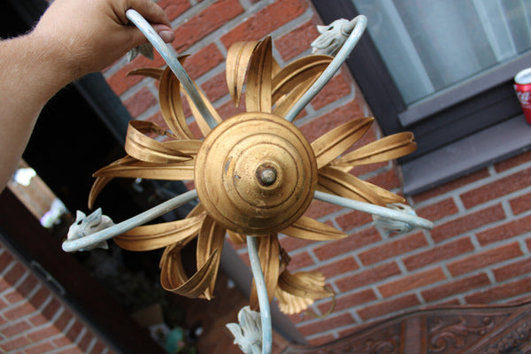 Vintage 1960 metal gold gilt leaf chandelier lamp attr hans kogl