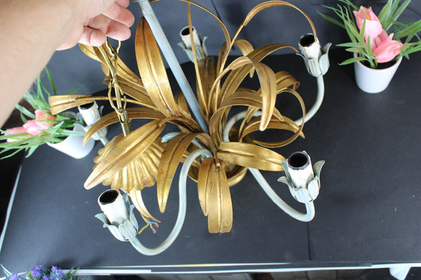Vintage 1960 metal gold gilt leaf chandelier lamp attr hans kogl