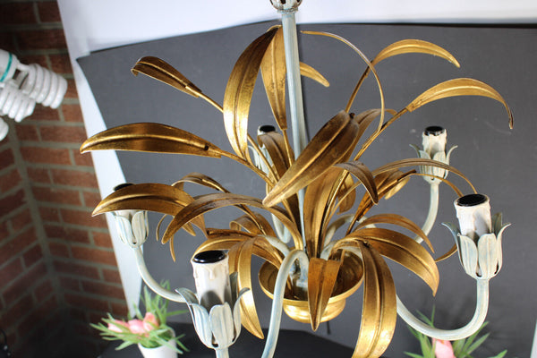Vintage 1960 metal gold gilt leaf chandelier lamp attr hans kogl