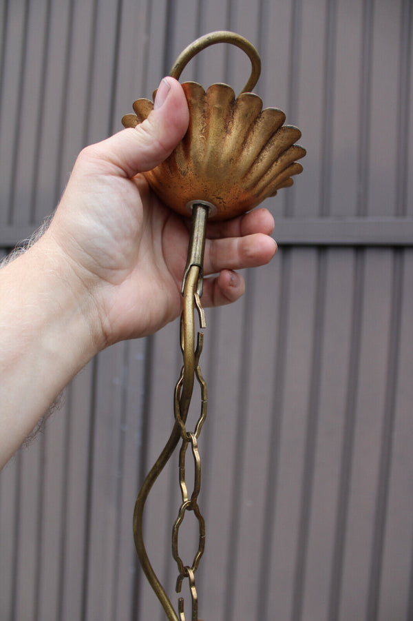 Vintage 1960 metal gold gilt leaf chandelier lamp attr hans kogl