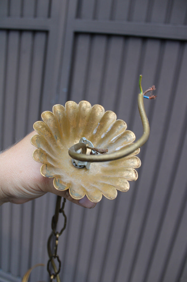 Vintage 1960 metal gold gilt leaf chandelier lamp attr hans kogl