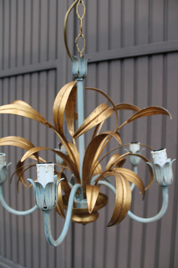 Vintage 1960 metal gold gilt leaf chandelier lamp attr hans kogl