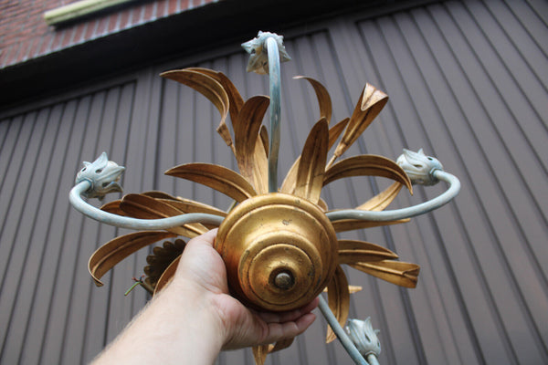 Vintage 1960 metal gold gilt leaf chandelier lamp attr hans kogl