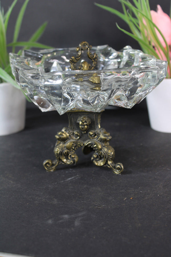 Antique brass dragon crystal glass ashtray