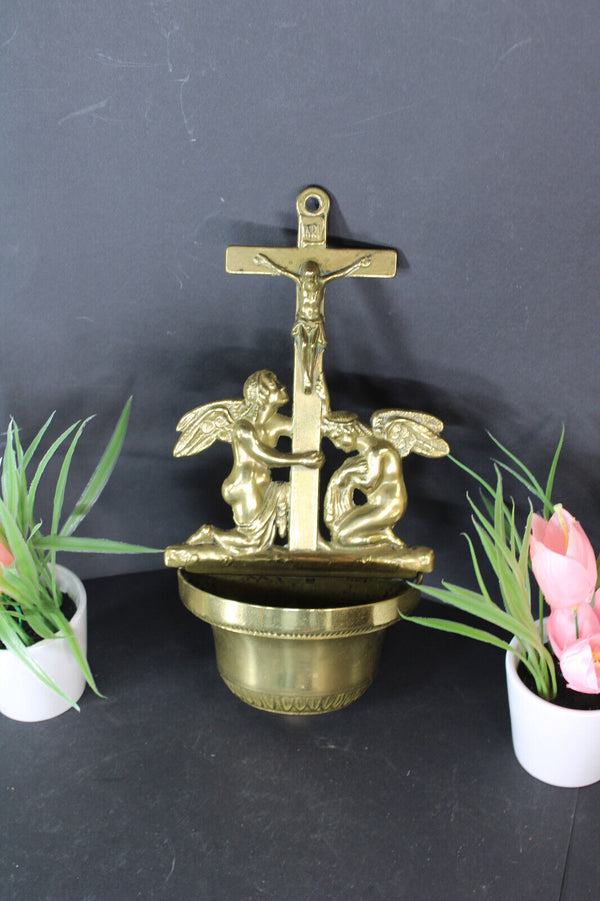 Antique french copper holy water font angels crucifix