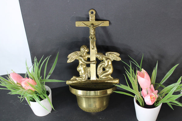 Antique french copper holy water font angels crucifix