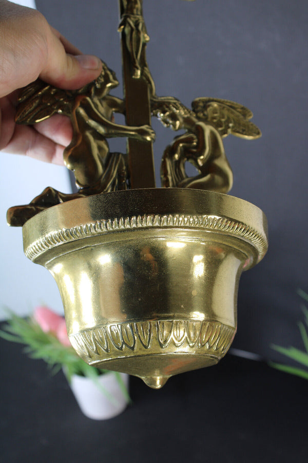 Antique french copper holy water font angels crucifix
