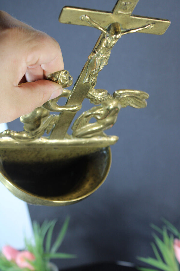 Antique french copper holy water font angels crucifix