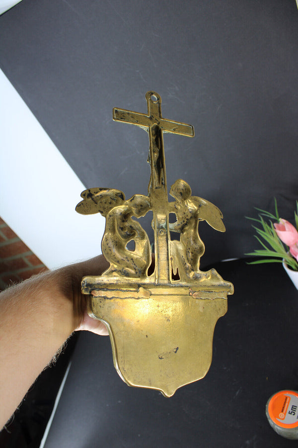 Antique french copper holy water font angels crucifix
