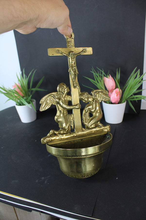 Antique french copper holy water font angels crucifix