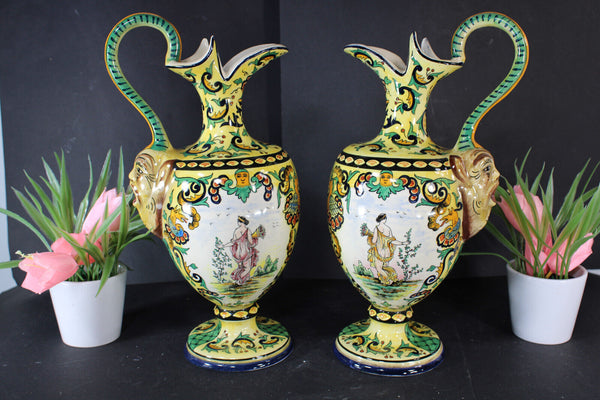 PAIR italian ceramic Satyr head romantic decor Vases ewer pitchers