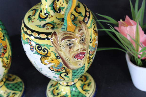 PAIR italian ceramic Satyr head romantic decor Vases ewer pitchers