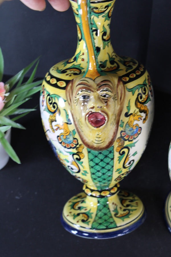PAIR italian ceramic Satyr head romantic decor Vases ewer pitchers