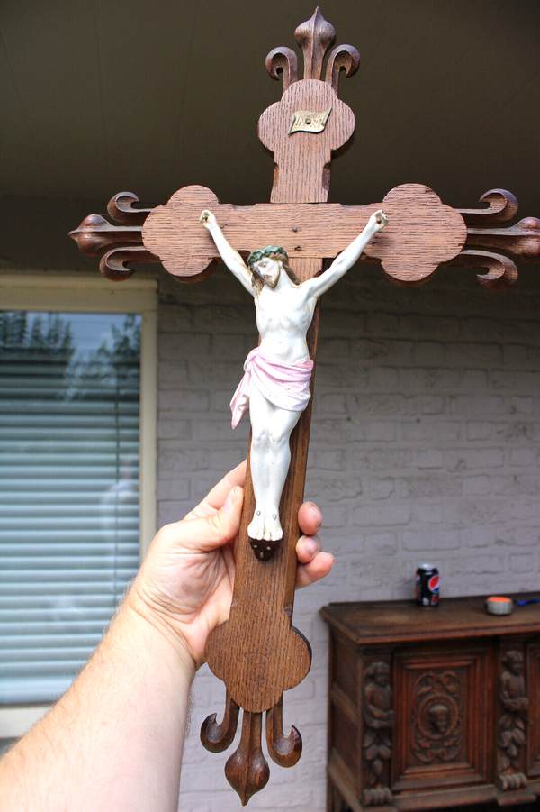 Antique French wood carved crucifix fleur de lys bisque porcelain corpus