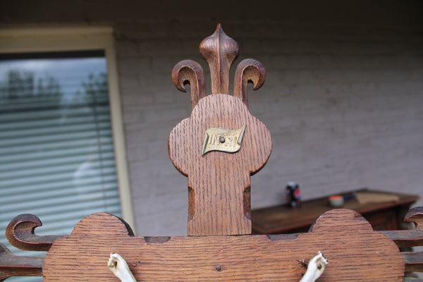 Antique French wood carved crucifix fleur de lys bisque porcelain corpus