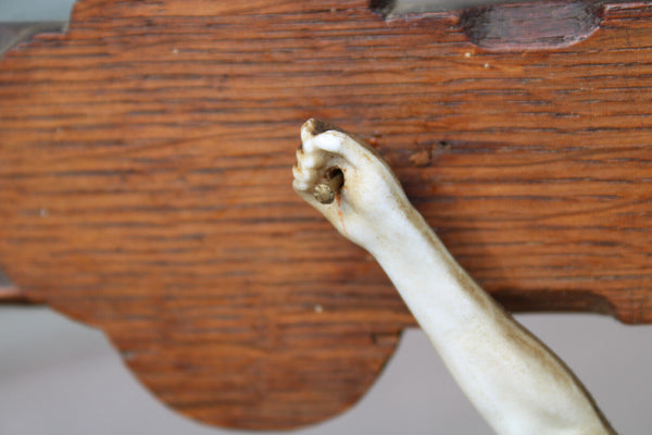 Antique French wood carved crucifix fleur de lys bisque porcelain corpus