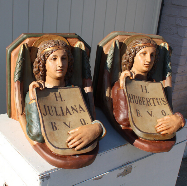 PAIR XL antique Church wall console angel for saint JULIANA HUBERTUS rare religy