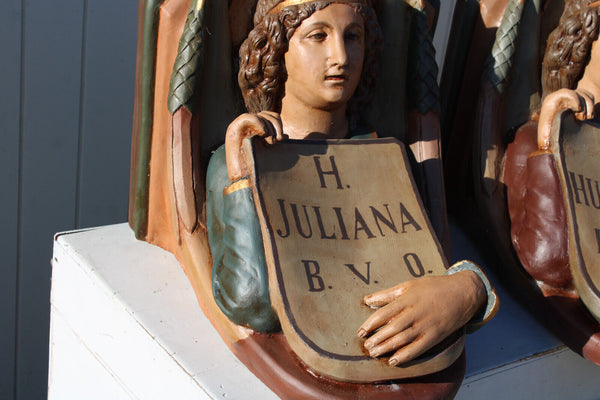 PAIR XL antique Church wall console angel for saint JULIANA HUBERTUS rare religy