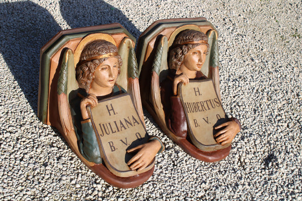 PAIR XL antique Church wall console angel for saint JULIANA HUBERTUS rare religy