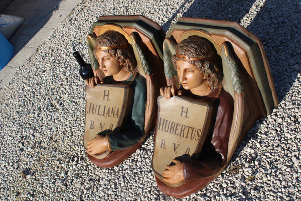 PAIR XL antique Church wall console angel for saint JULIANA HUBERTUS rare religy