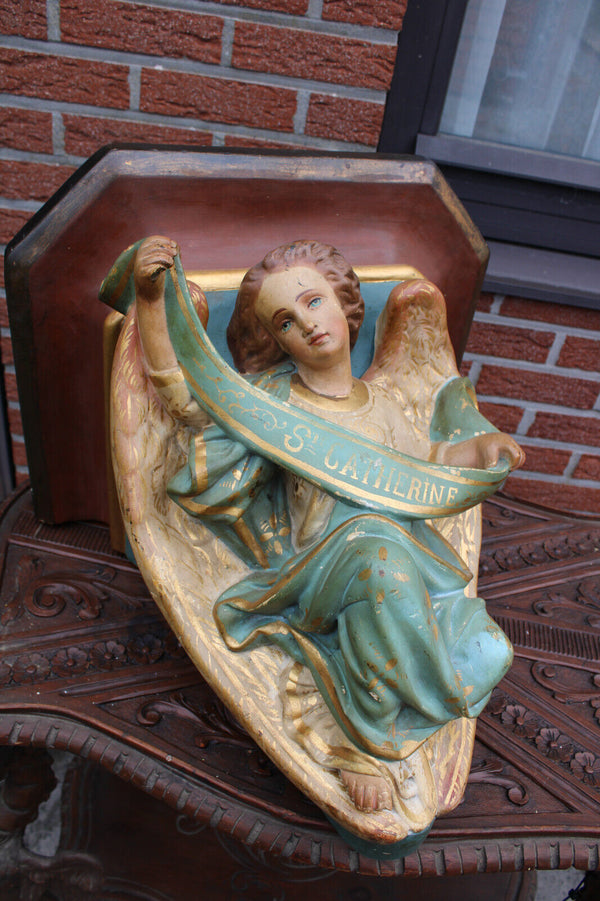 Antique XL church ceramic Saint catherine Wall console rare religious