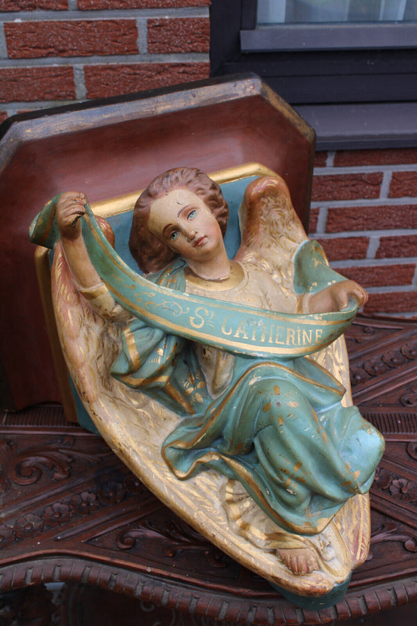 Antique XL church ceramic Saint catherine Wall console rare religious