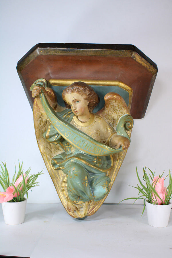 Antique XL church ceramic Saint catherine Wall console rare religious