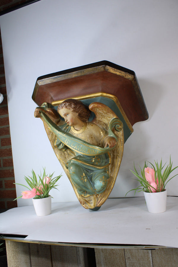 Antique XL church ceramic Saint catherine Wall console rare religious