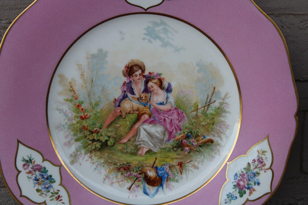 PAIR Sevres porcelain marked pink hand paint romantic decor plates
