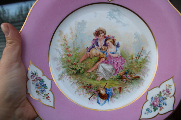 PAIR Sevres porcelain marked pink hand paint romantic decor plates