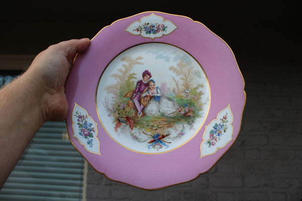 PAIR Sevres porcelain marked pink hand paint romantic decor plates