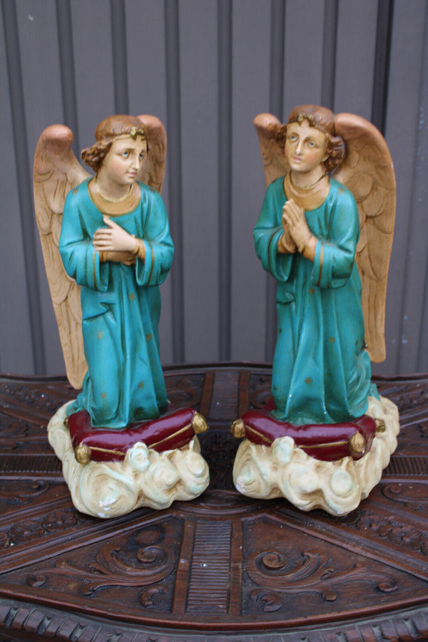 PAIR antique archangel statue figurine religious set ceramic chalk