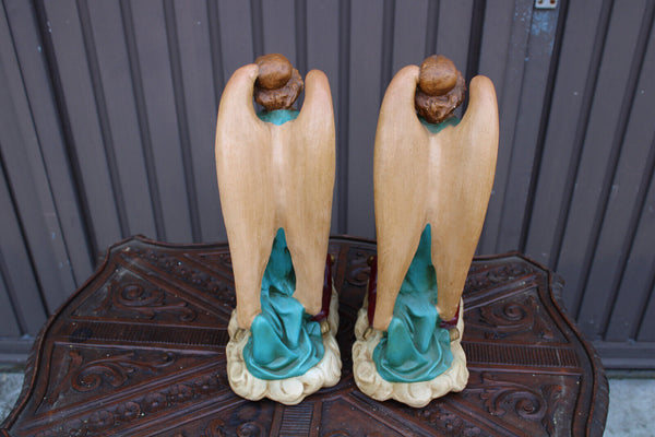 PAIR antique archangel statue figurine religious set ceramic chalk