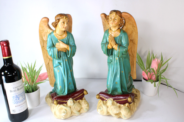 PAIR antique archangel statue figurine religious set ceramic chalk