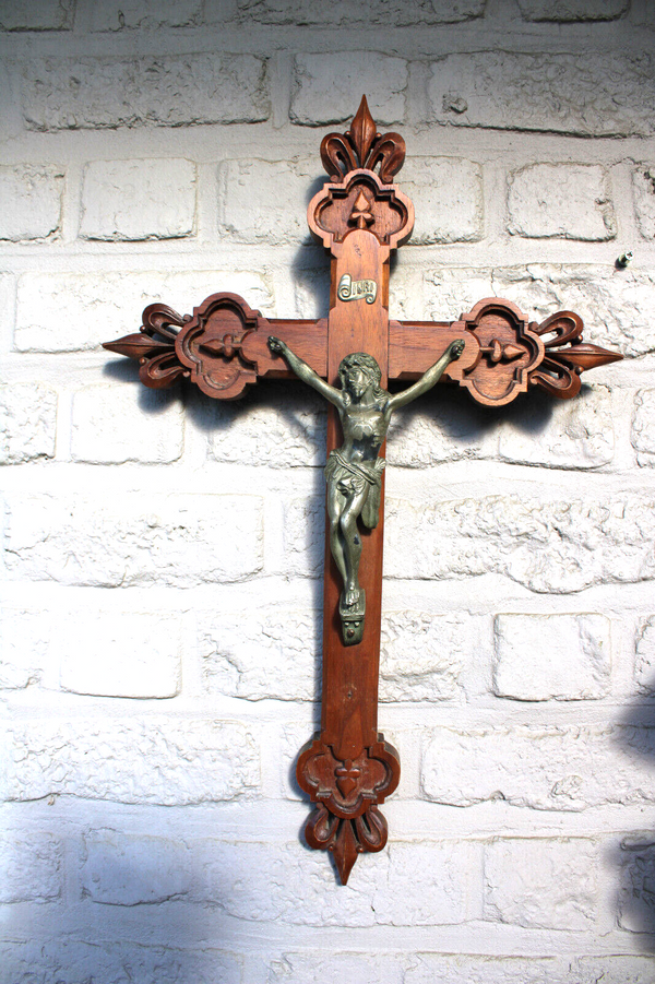 Antique wood carved crucifix fleur de lys religious wall church cross