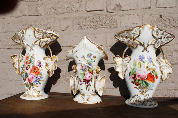 Antique Set 3 Vieux paris porcelain Vases floral decor