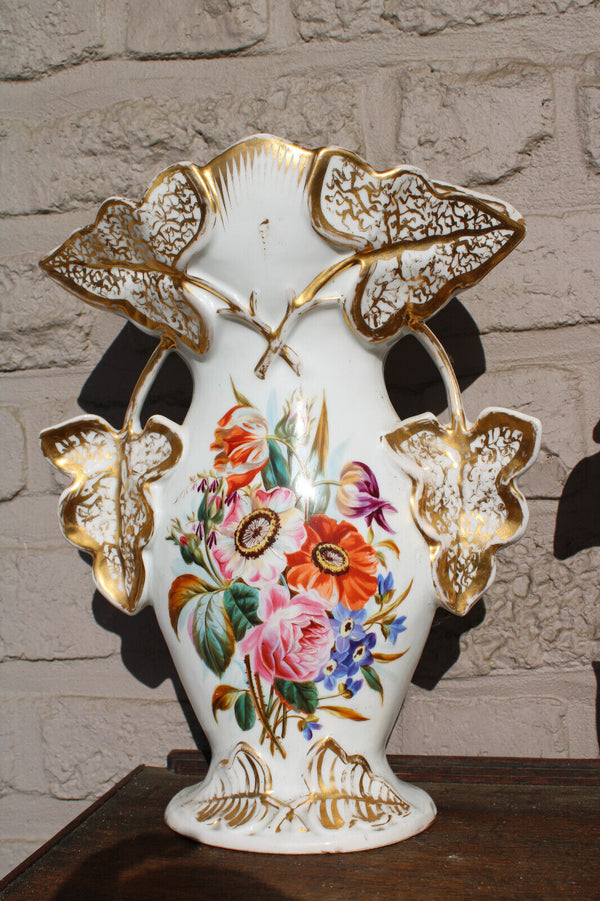 Antique Set 3 Vieux paris porcelain Vases floral decor