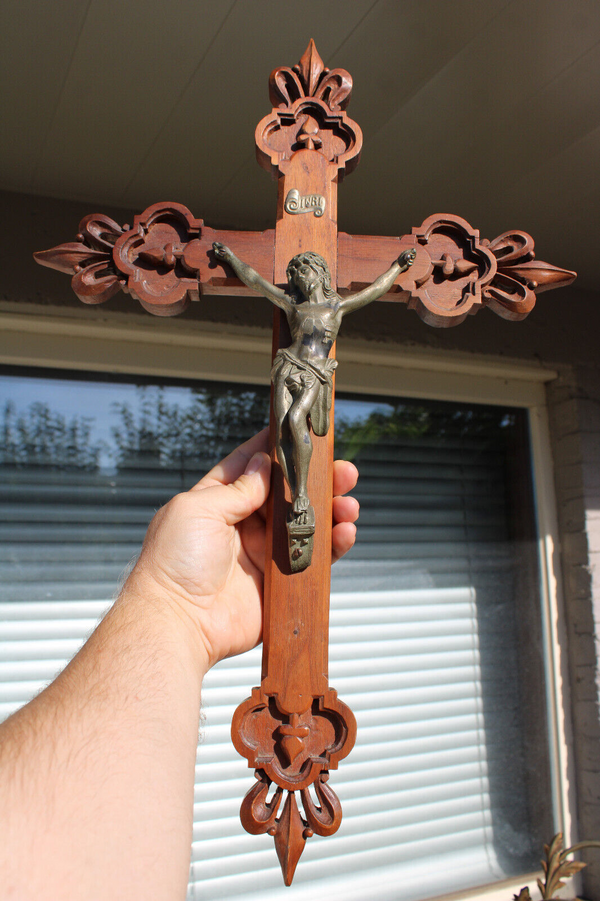 Antique wood carved crucifix fleur de lys religious wall church cross