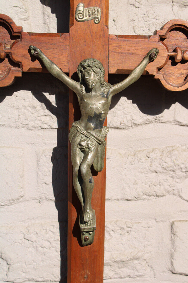 Antique wood carved crucifix fleur de lys religious wall church cross