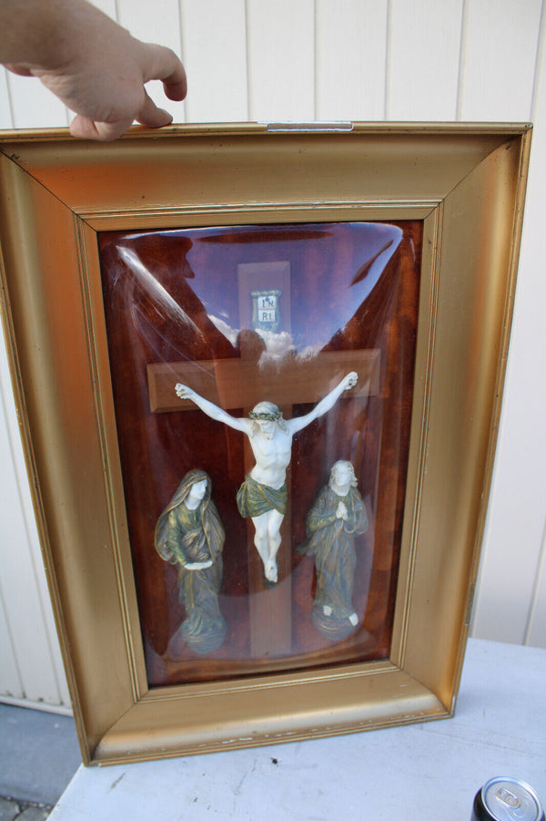 Antique XL Religious wall plaque convex glass calvary crucifix rare