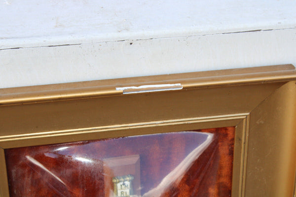 Antique XL Religious wall plaque convex glass calvary crucifix rare