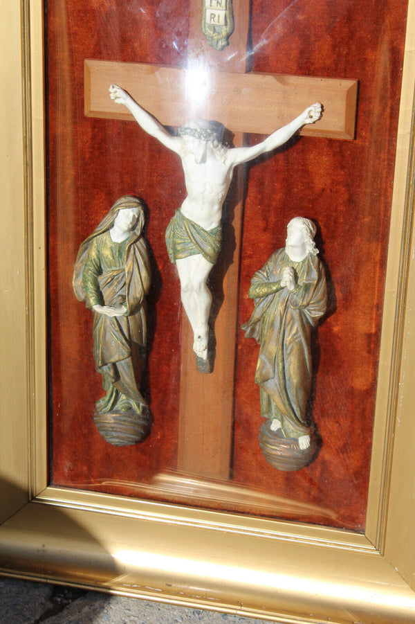 Antique XL Religious wall plaque convex glass calvary crucifix rare