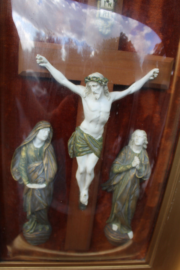 Antique XL Religious wall plaque convex glass calvary crucifix rare