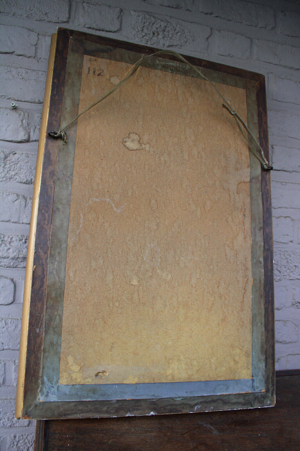 Antique XL Religious wall plaque convex glass calvary crucifix rare