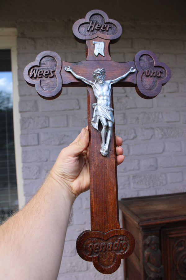 Antique wood carved crucifix text lord have mercy on us dutch