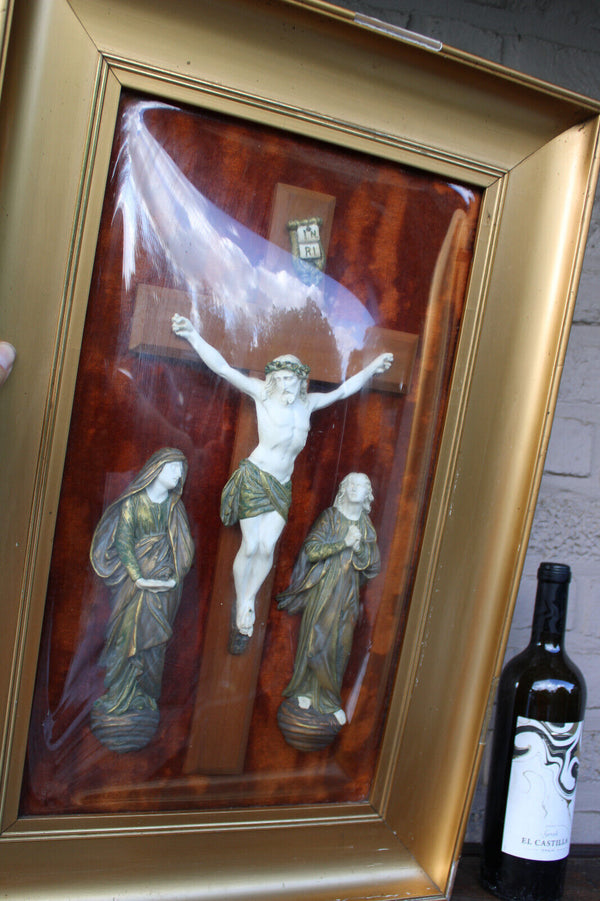 Antique XL Religious wall plaque convex glass calvary crucifix rare